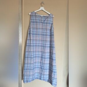 J Jill Love 100% Linen Plaid Blue & Pink Plaid Sleeveless Dress Lagenlook Scandi